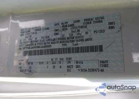 2009 Ford E-250 Commercial/Recreational из США, поврежденный, VIN 1FTNE24W09DA48685